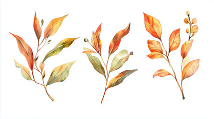 水彩画の花のイラストセット - 秋の葉の枝のコレクション、結婚式の文房具、挨拶、壁紙、ファッション、背景に。ユーカリ、オリーブ、オレンジの葉など。
