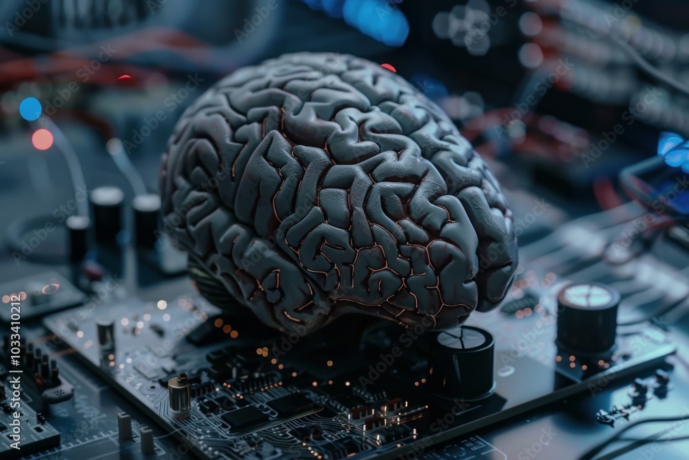 Poster human brain sitting on computer motherboard representing artificial intelligence and new technologie