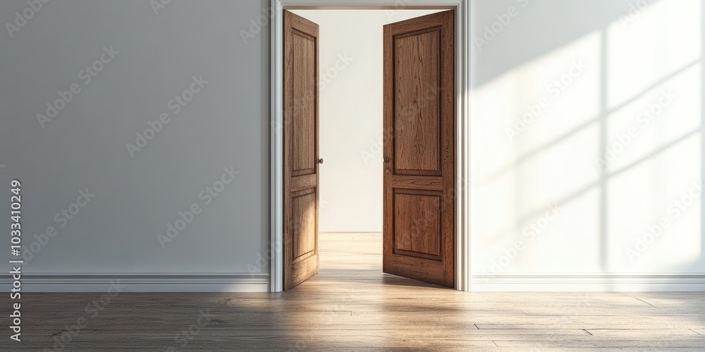 Poster Close-up of an open wooden door in an empty room with copyspace.