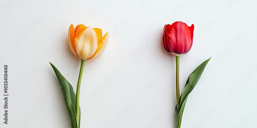 Poster a vertical image of two vibrant tulip flowers set against a white background, featuring space for yo