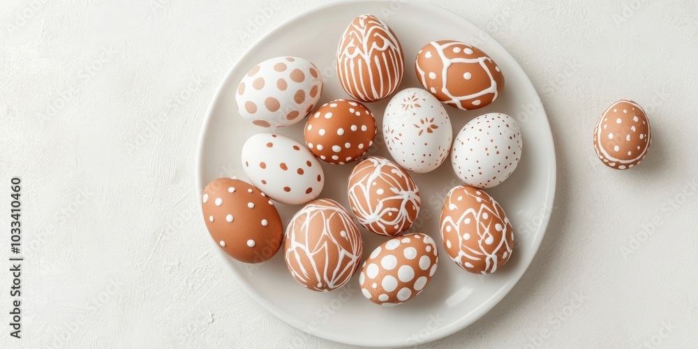 Poster top view of a plate with eggs decorated in various white patterns for easter. white background, copy