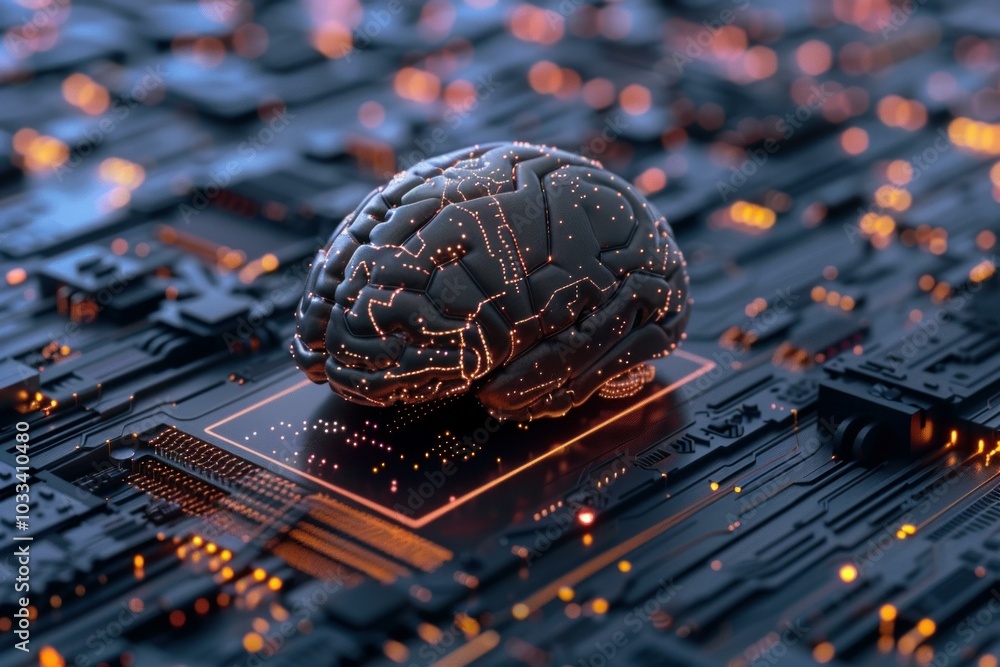 Aufkleber 3d rendering of a digital brain with glowing circuits sitting on a motherboard