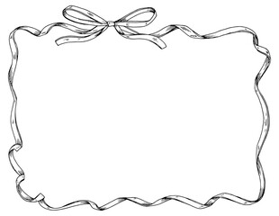 A hand-drawn ribbon and bow design forming a rectangular frame. This elegant black and white vector illustration is ideal for greeting cards, invitations, or banners with ample copy space