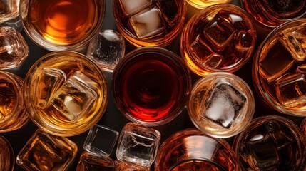 A top view display of assorted colorful drinks in glasses with ice cubes, featuring a range of warm and cool hues, capturing a lively and refreshing scene.