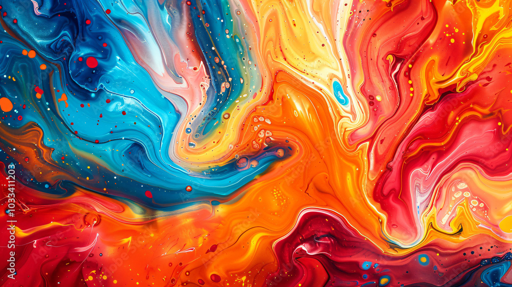Poster abstract colorful background with swirling paint, vibrant reds and blues creating an artistic patter