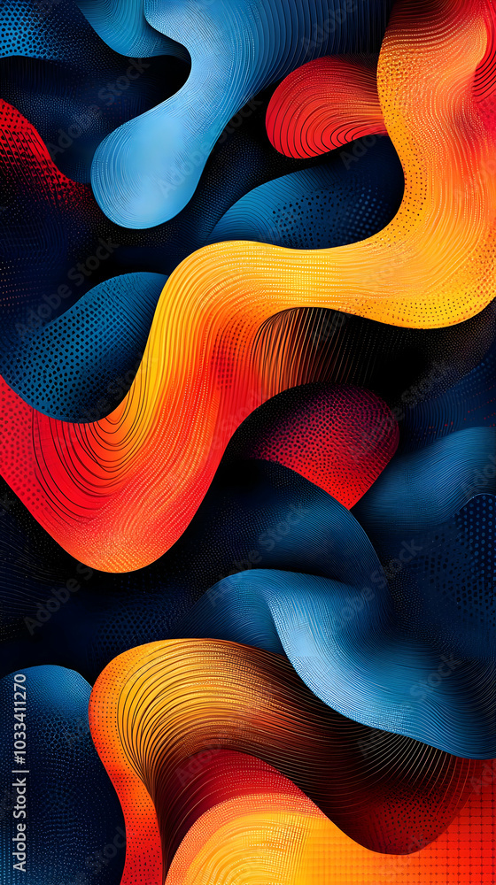 Poster abstract background with colorful flowing shapes on a dark background.