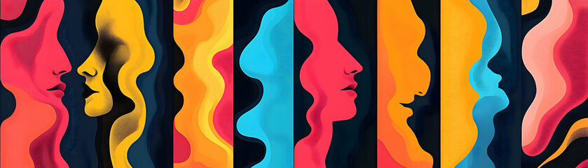 Colorful Abstract Background with Wavy Shapes and Faces
