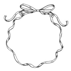 A round wreath with a hand-drawn ribbon and bow frames border the center of this card. The black and white vector illustration provides ample copy space for a personalized greeting or holiday message