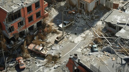 Visualize the impact of emergencies on infrastructure with detailed 3D renders of damaged buildings and roads