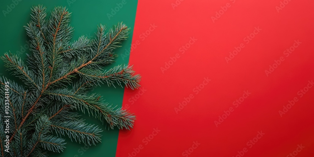 Poster christmas tree branch against a red and green background. top view, flat lay. copy space for text. x