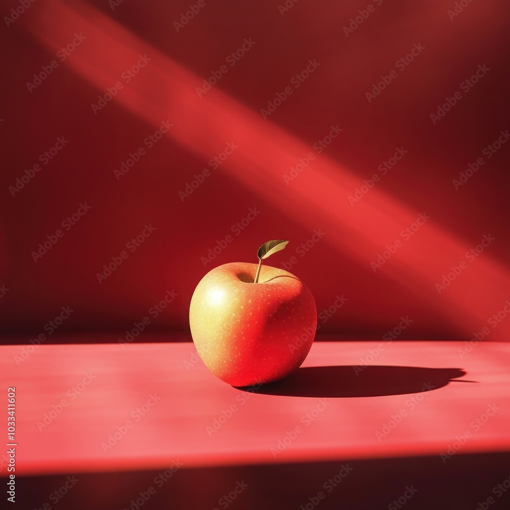 Poster a single red apple sits on a red surface with light streaming in from the upper left, creating a sha