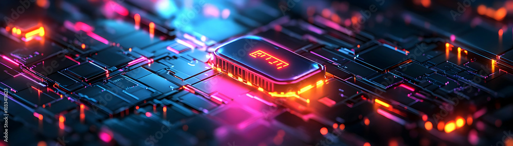 Poster futuristic cpu on circuit board glows in dark environment