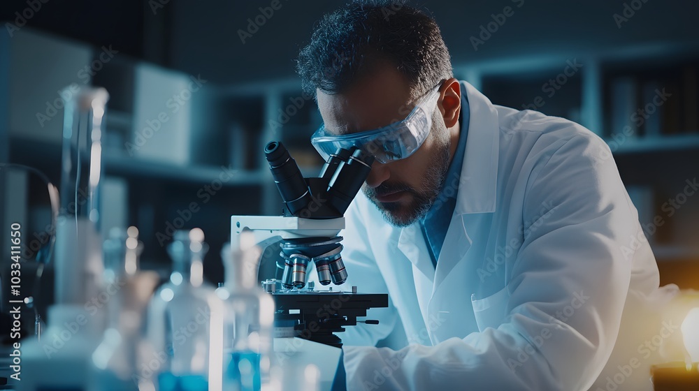 Poster a scientist in a lab coat looking through a microscope