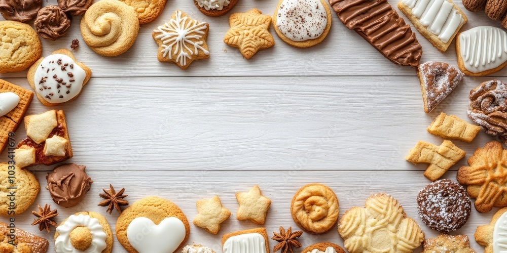 Aufkleber a variety of biscuits, sweets, and cookies arranged in a frame. a top view of a table scene on a whi