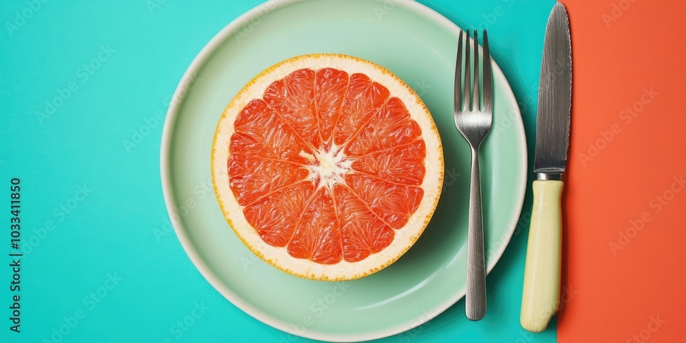Aufkleber plate with a slice of ripe grapefruit and a knife on a colored background.