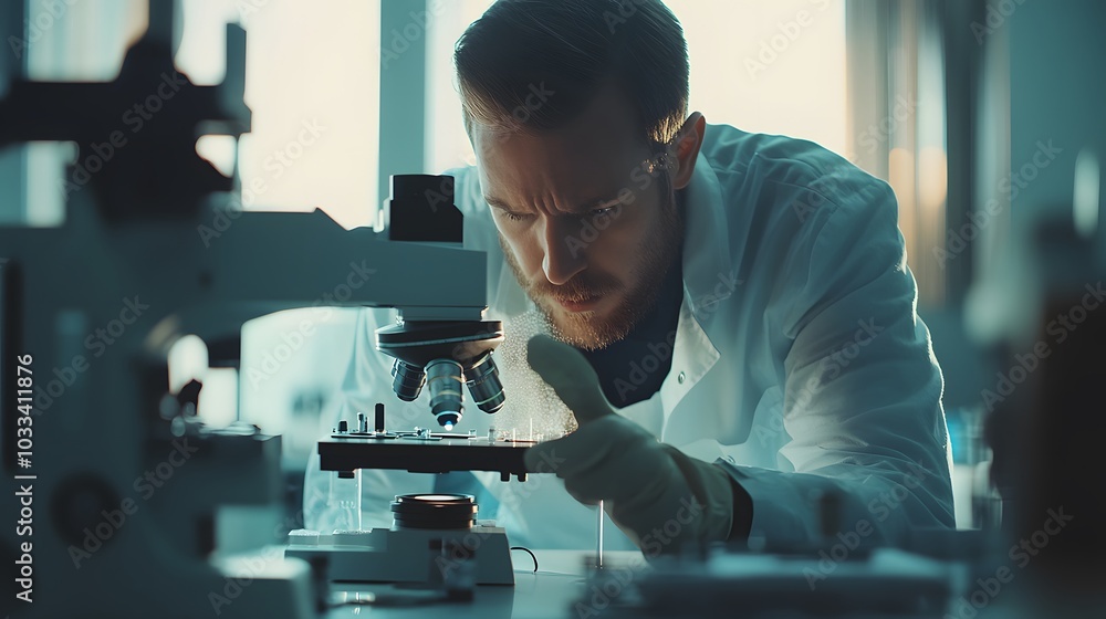 Poster a scientist concentrating on a microscope in a laboratory