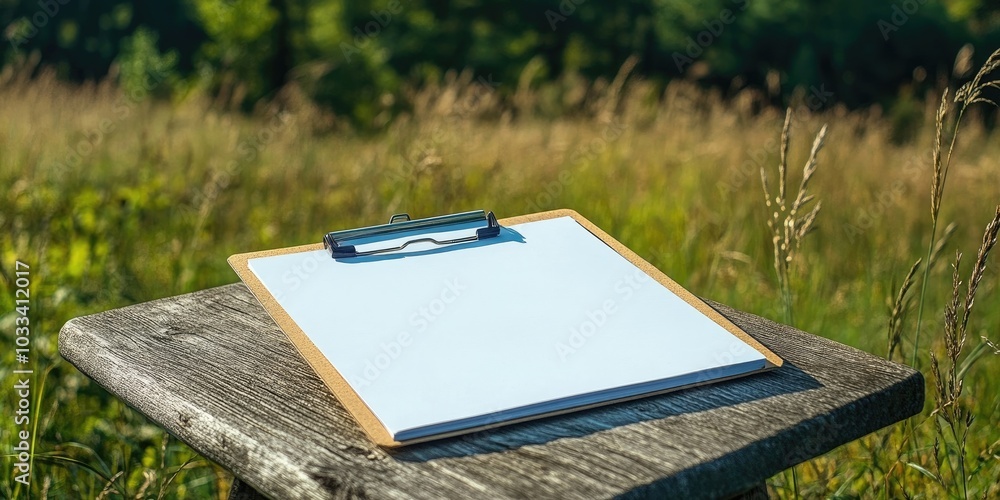 Poster clipboard outdoors resting on a table - appealing backdrop with area for text.