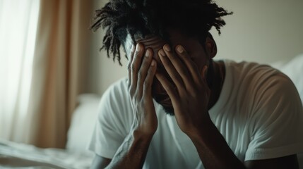 A reflective man sits on a bed with his face in his hands, lost in thought and surrounded by soft lighting that enhances the pensive and moody atmosphere.