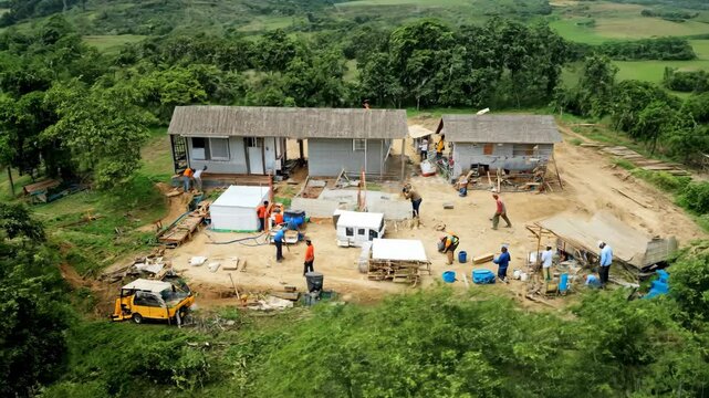 Construction of a rural community center in a green landscape, showcasing teamwork and progress throughout the day