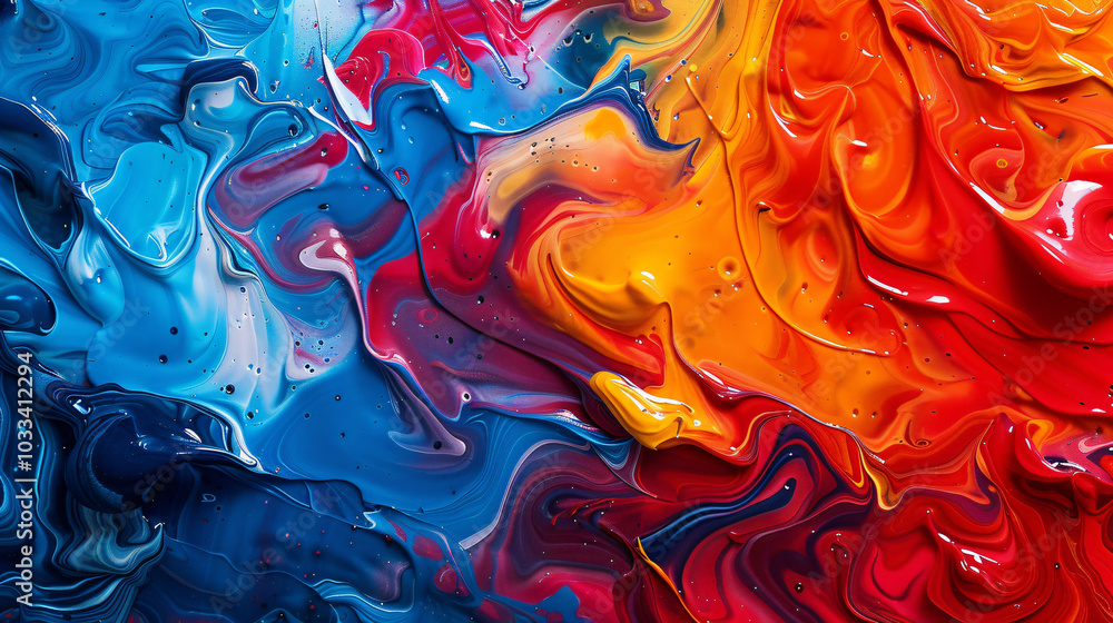 Poster abstract colorful background with swirling paint, vibrant reds and blues creating an artistic patter