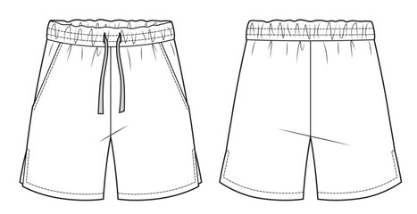 Flat sketch of mens elastic waist drawstring shorts