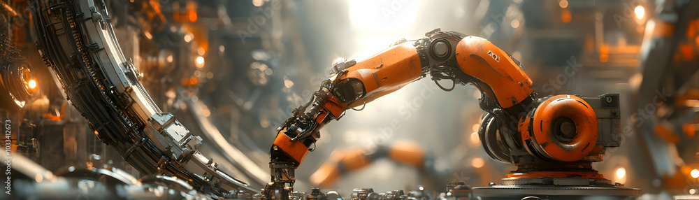 Poster orange robotic arm reaches for components in busy industrial setting with soft lighting