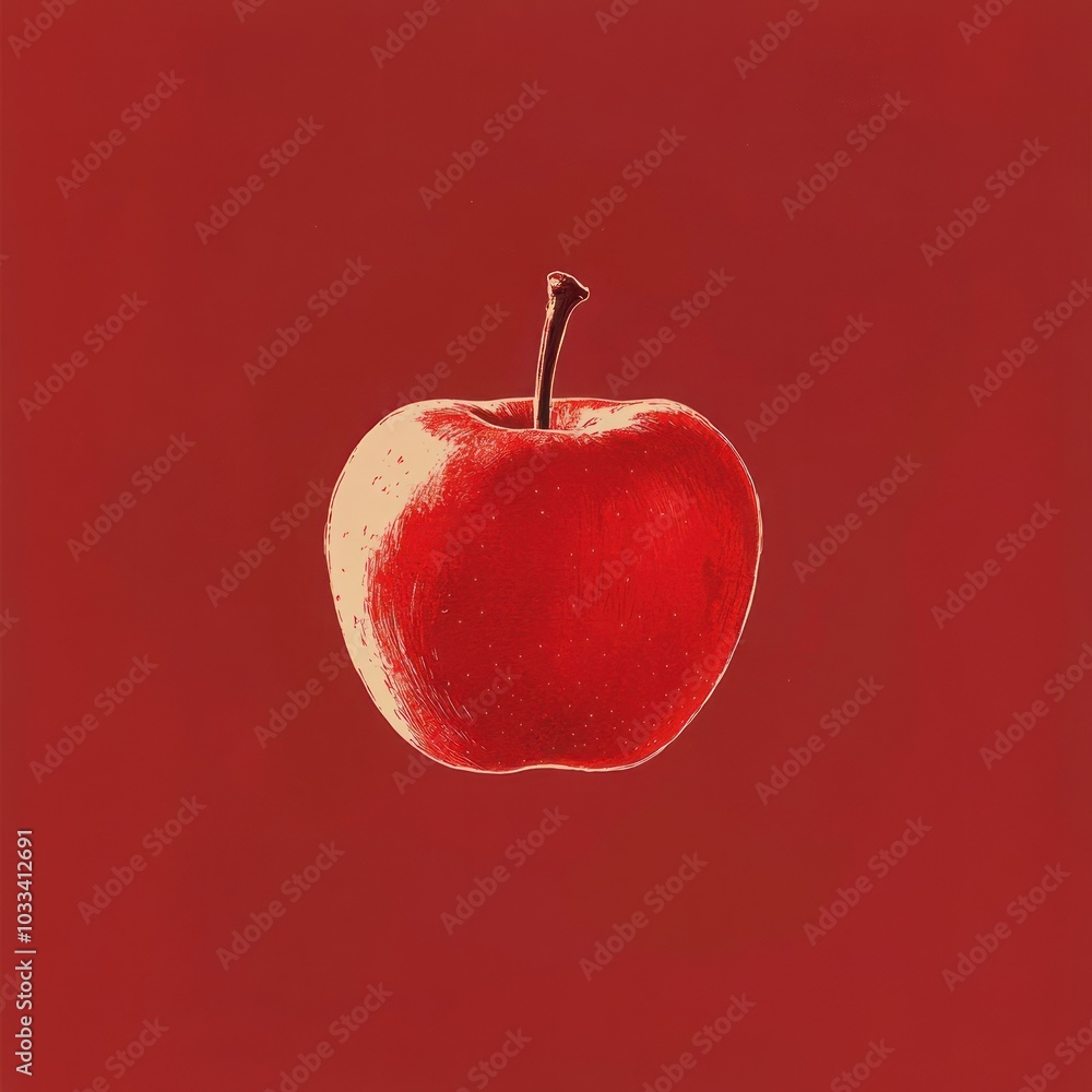 Poster a single red apple on a solid red background.