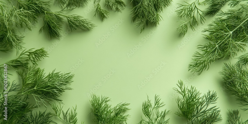 Canvas Prints Fresh dill branches scattered on a green background. Essential herbs for a healthy diet.