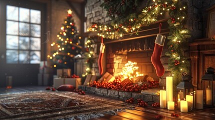 Cozy and festive Christmas living room scene with a roaring fireplace a beautifully decorated Christmas tree with twinkling lights and warm holiday decor including presents