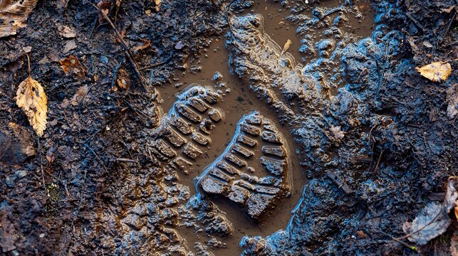 Hiker's bootprints in the mud, evidence of their journey