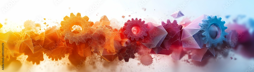 Poster abstract 3d gears and geometric shapes on a colorful background