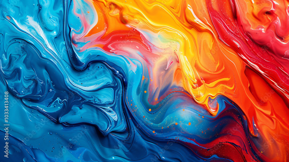 Poster abstract colorful background with swirling paint, vibrant reds and blues creating an artistic patter