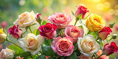Beautiful Set of Pale Pink, Red, and Yellow Roses with Buds and Green Leaves - Floral Arrangement, Nature Photography, Elegant Bouquet, Garden Flowers, Romantic Decor, Spring Vibes