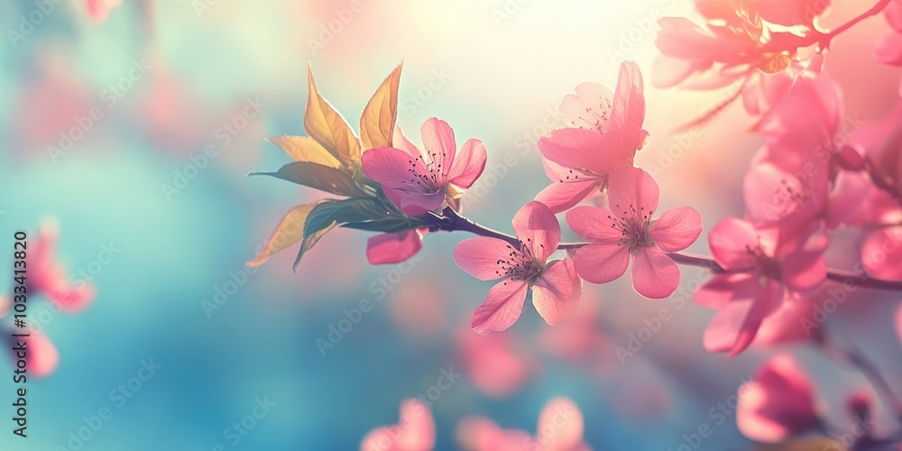 Poster Pink flowers on a tree branch, with a blurred background featuring a blue sky, representing a spring theme.