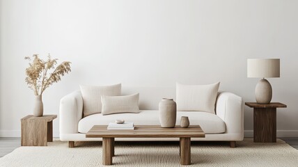 Minimalist Scandinavian living room with natural light, neutral colors, and cozy furnishings for a serene atmosphere.