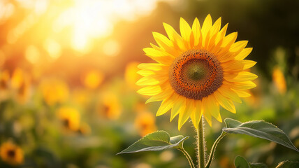 Fototapeta premium Sunflower in full bloom in a sunlit field.
