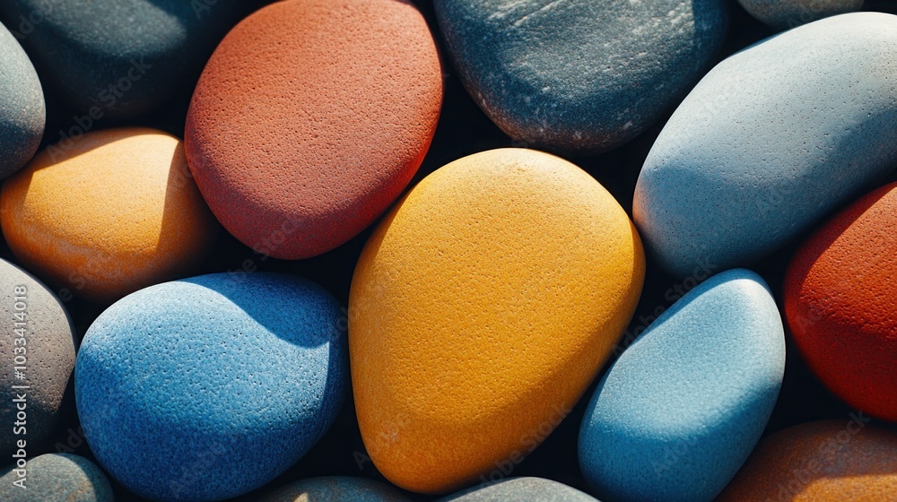Poster a close-up shot of colorful smooth stones arranged in a pattern.