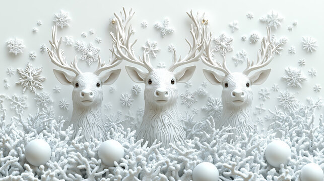 serene winter scene featuring three white reindeer heads adorned with antlers, surrounded by delicate snowflakes and soft white ornaments. This enchanting design captures essence of magical holiday