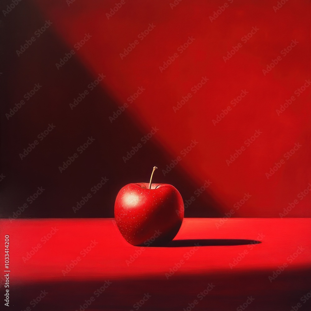 Poster a single red apple sits on a red surface with a red background and a shadow.