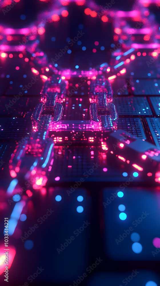 Poster 3d render of digital chain links with neon lights on circuit board background