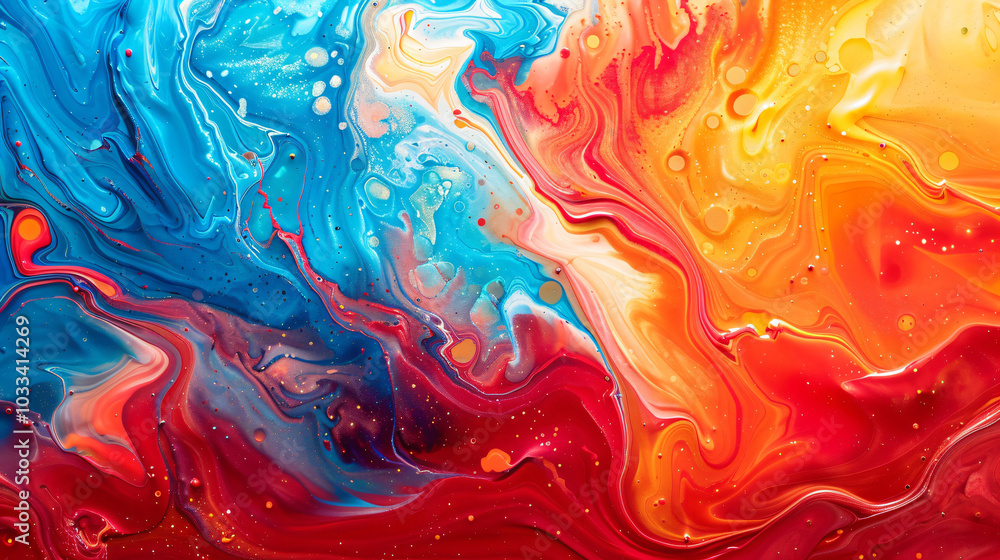 Poster abstract colorful background with swirling paint, vibrant reds and blues creating an artistic patter