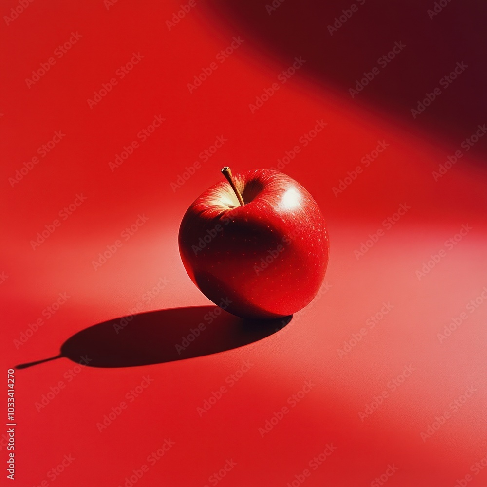 Poster a single red apple with a long shadow sits on a red background.