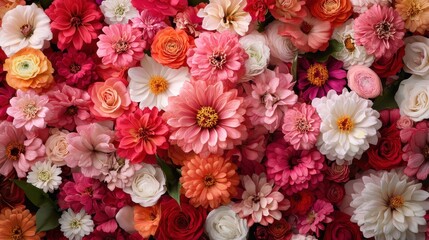 A vivid collection of various flowers displaying a spectrum of colors, including pink, red, and orange, creating a lively and cheerful scene with natural beauty.