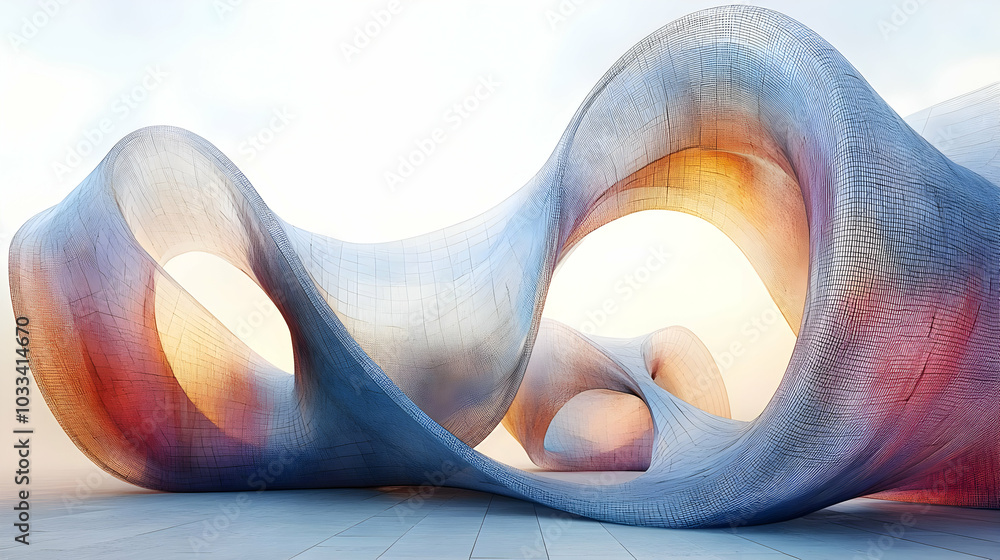 Poster abstract sculpture with swirling and intertwined shapes in a modern architectural setting