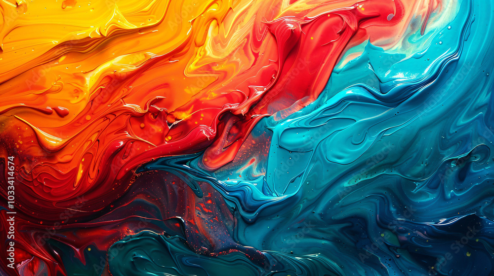 Poster abstract colorful background with swirling paint, vibrant reds and blues creating an artistic patter
