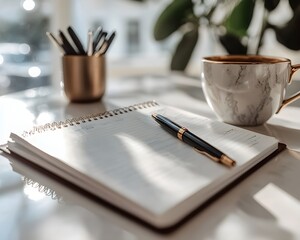 Planner open on a desk, filled with career goals, dates, and skill development milestones, sleek pen and coffee cup in the frame 
