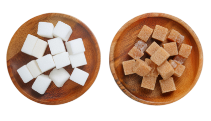 top view brown and white sugar cubes in wooden plates isolated on white background