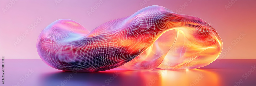 Poster abstract 3d wireframe shape with glowing neon colors on gradient background