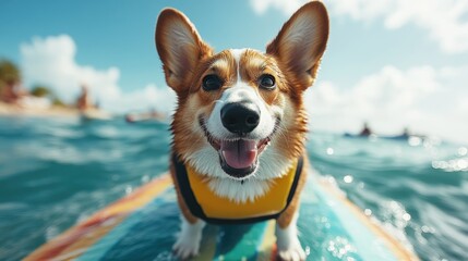 A delighted Corgi stands on a colorful surfboard in the sea, wearing a yellow life vest, enjoying the sunny weather and creating a joyful atmosphere on water.