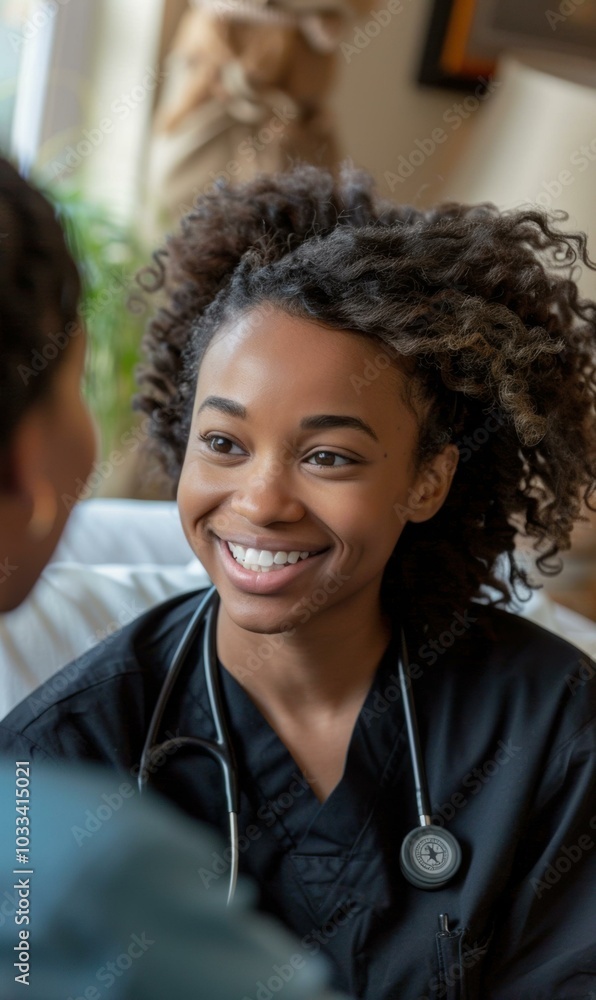 Poster A doctor smiles at a patient. AI.